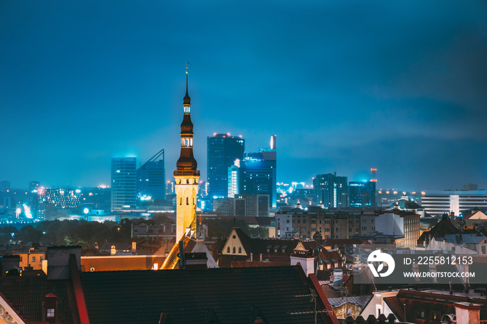 Tallinn, Estonia. Tower Of Town Hall On Background With Modern Urban Skyscrapers. City Centre Architecture