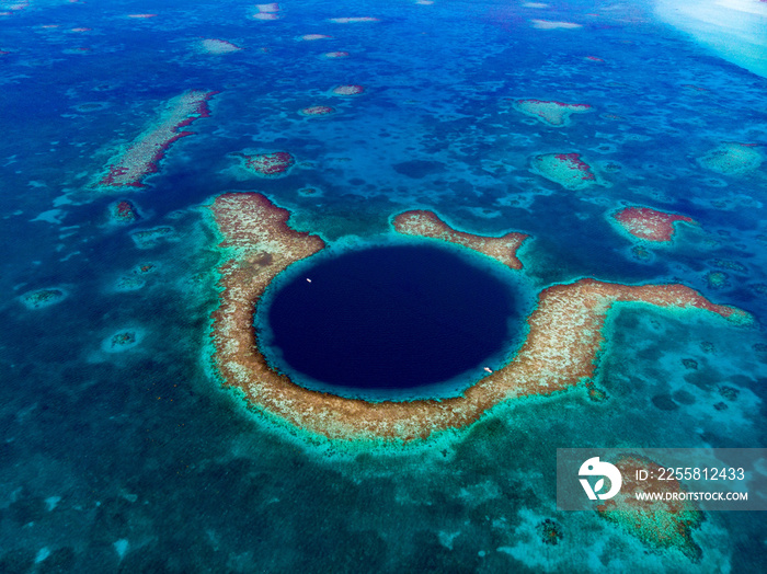 Blue Hole Belize and Light House Reef from a drone