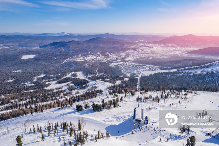 Sheregesh ski lift resort winter, landscape mountain and hotels, aerial top view Russia Kemerovo region