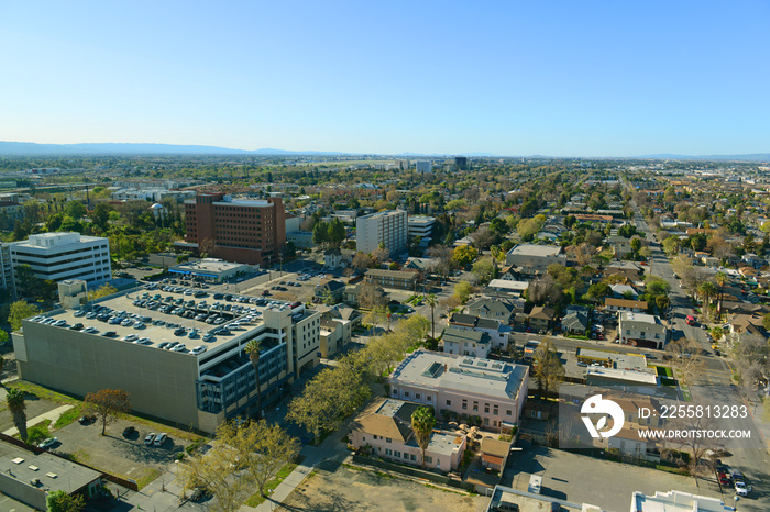 Aerial view of San Jose historic city center and residential area landscape in summer, from top of the City Hall, San Jose, California CA, USA.