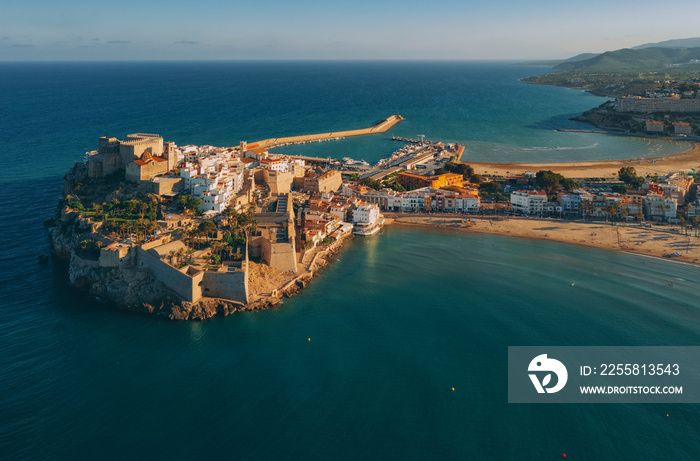 Aerial view of Peniscola with beach during sunset Spain