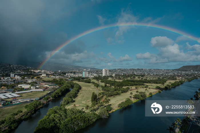 Rainbow over Ala Wai Golf Course. Ala Wai Canal. Waikiki, Honolulu, Oahu, Hawaii.