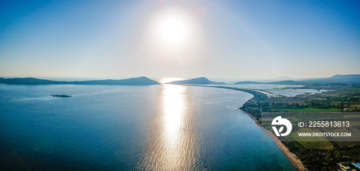 Beautiful aerial sunset view over Navarino bay near Gialova in Messenia, Greece