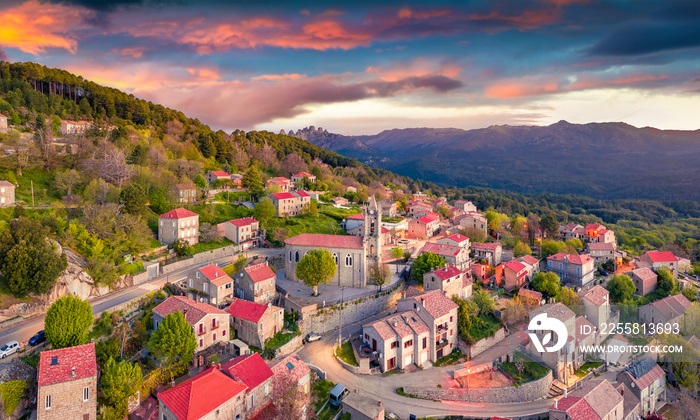 Aerial landscape photography. Wonderful morning view from flying drone of Zonza town, commune in the Corse-du-Sud department of France. Stunning sunrise on Corsica island, France, Europe.