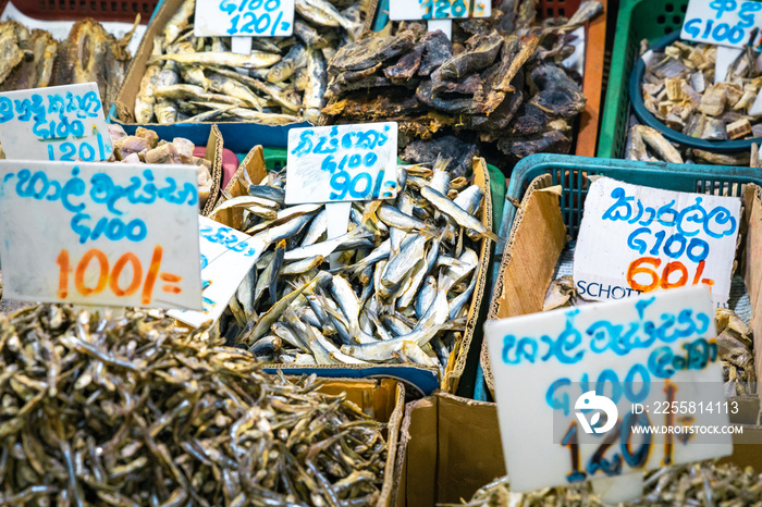 Kandy Municipal Central Market you can find fruit and vegetable, meat, fish, dry food, seasonings. Sri Lanka.