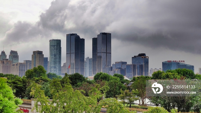 Skyscrapers in Shanghai. Business district and park in cloudy weather. Downtown, cbd, city. China. Asia