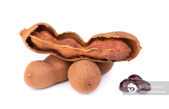 Sweet tamarind isolated on white background. Fresh tamarind fruit and seeds.