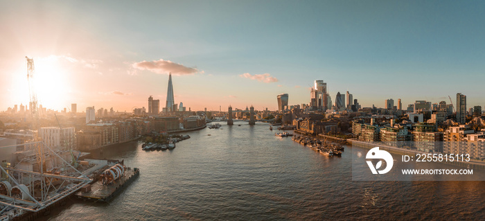 Aerial view of the London Tower Bridge at sunset. Sunset with beautiful clouds over London - the capital of Britain.