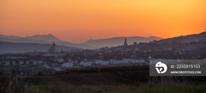 Panaoramic sunset view of Eisenstadt, Burgenland in Austria during blue hour