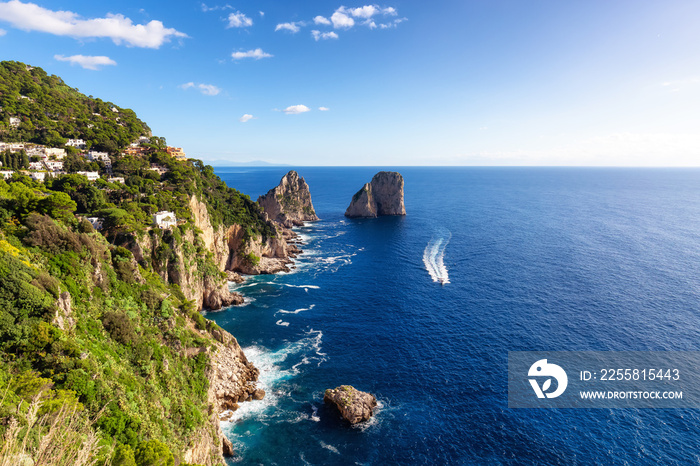 Rocky Coast by Sea at Touristic Town on Capri Island in Bay of Naples, Italy.