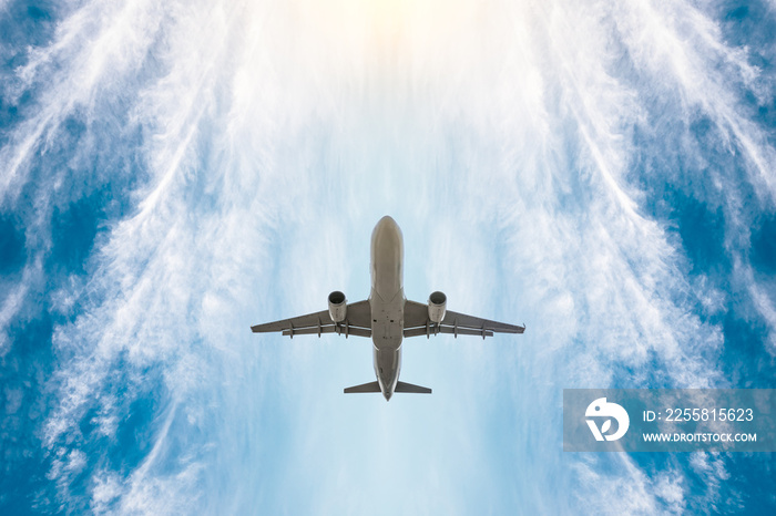 High-altitude airplane and beautiful sky in spring