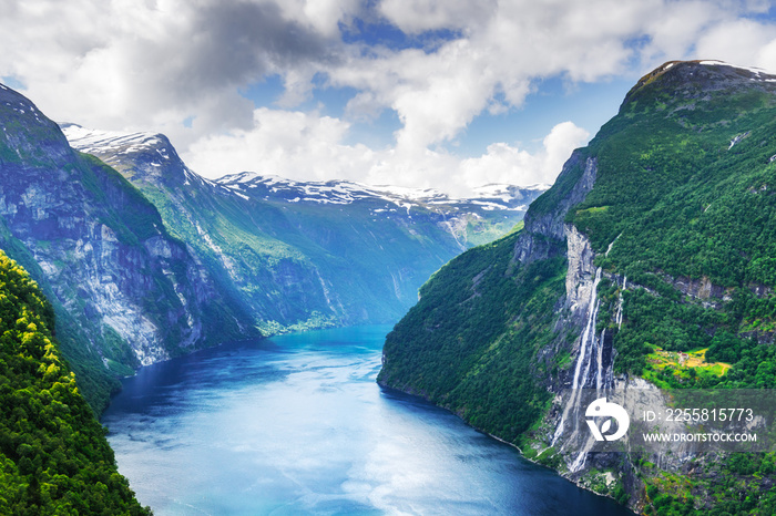 Breathtaking view of Sunnylvsfjorden fjord and famous Seven Sisters waterfalls, near Geiranger village in western Norway. Landscape photography