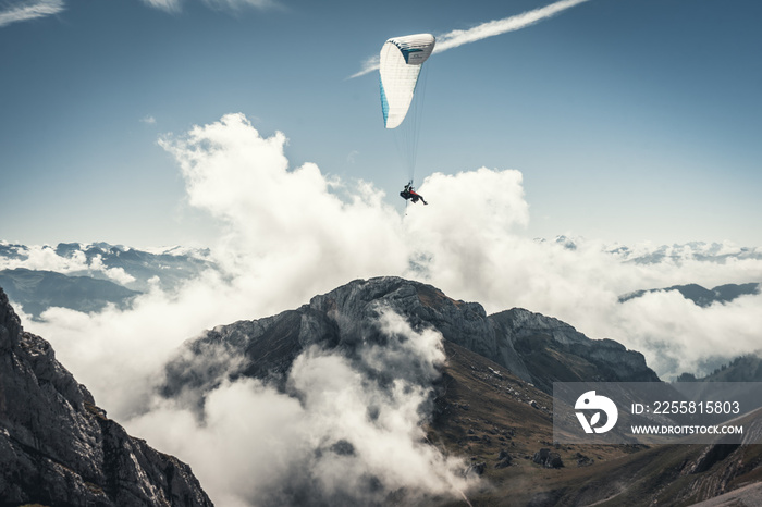 Paragliding with a cloudy panorama on the amazing Mount Pilatus, Lucerne, Switzerland