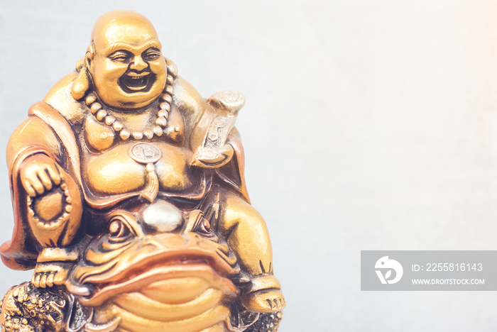 laughing golden Buddha on the toad. Copy space