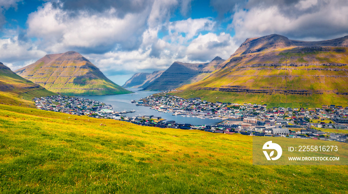 Landscape photography. Impressive morning view of Klaksvik town. Stunning summer scene of  Faroe Islands, Denmark, Europe. Traveling concept background.