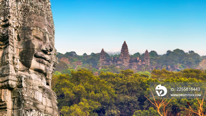 monument stone faces Angkor Wat, Siem Reap, Cambodia.