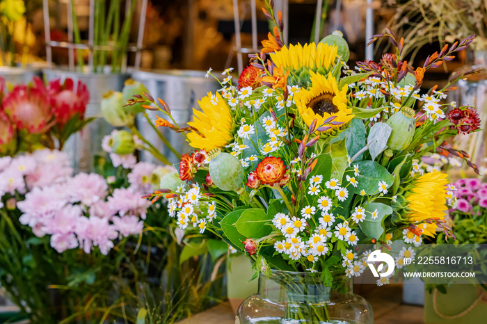 A bouquet of beautiful spring flowers for sale in the florist shop for the holiday.