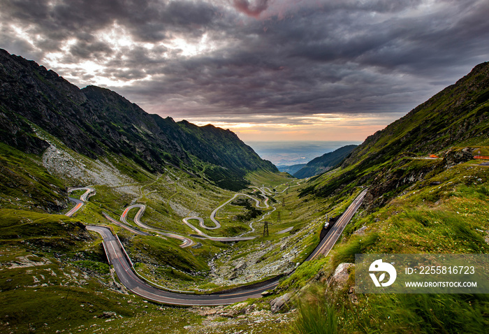 Landscape in Fagaras mountains in Romania, with Transfagarasan road. One of the most spectacular roads in the world.