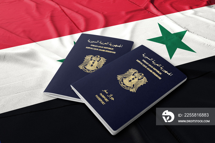 Syria passport on the Syrian flag, top view