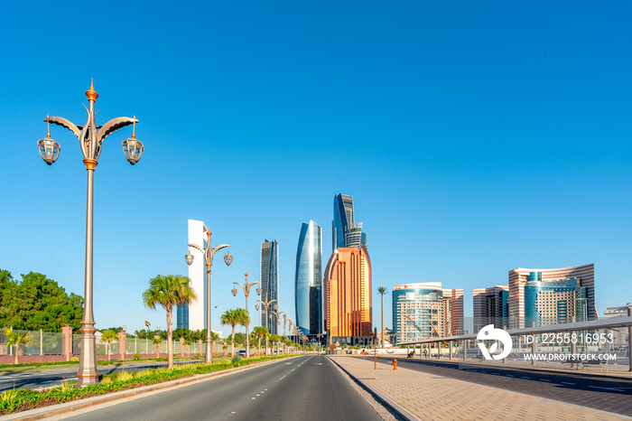 Beautiful view of Abu Dhabi city iconic landmarks and skyscrapers | Al Etihad Jumeirah towers in the corniche road