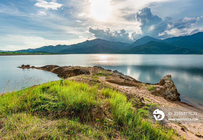 View of landscape nature and river and color of sunlight