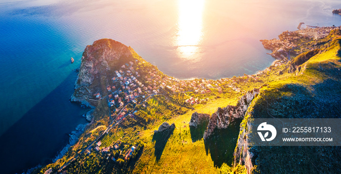 View from flying drone. Unbelievable morning view of Zafferano cape. Spectacular spring seascape of Mediterranean sea, Sicily, Italy, Europe. Beauty of nature concept background..