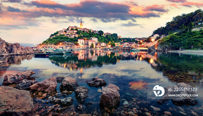 Amazing evening cityscape of Vrbnik town. Fantastic summer seascape of Adriatic sea, Krk island, Kvarner bay archipelago, Croatia, Europe. Beautiful world of Mediterranean countries.