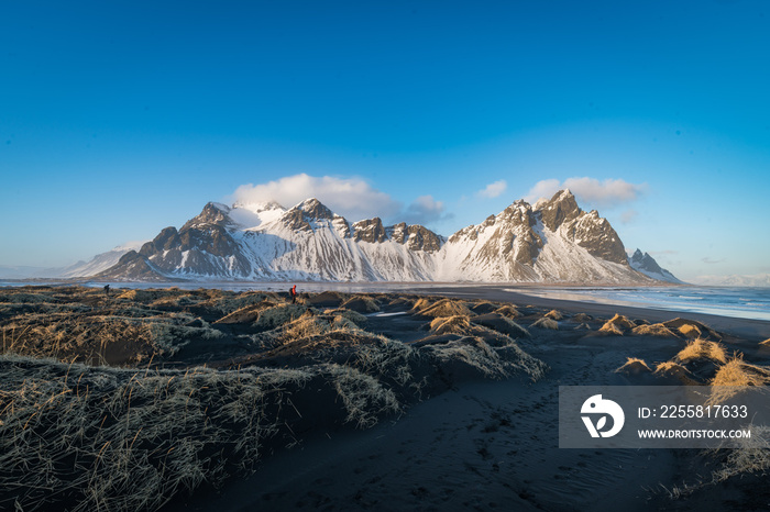 Sunset landscapes in Vestrahorn (bat mountain) in Iceland