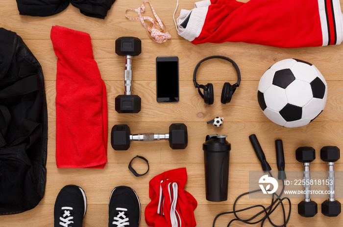 Workout, soccer and sport equipment background