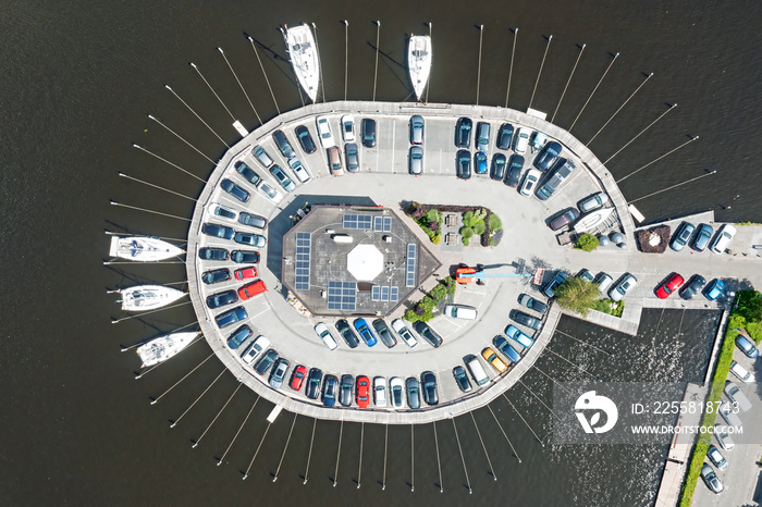 Aerial topshot from boats and cars at the jetty in Friesland the Netherlands