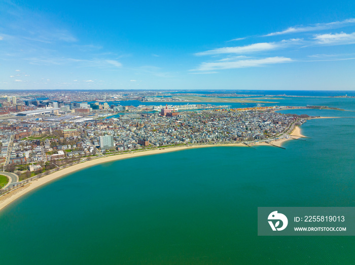 L Street Beach and Dorchester Penninsula historic district aerial view in spring from South Boston, Massachusetts MA, USA.