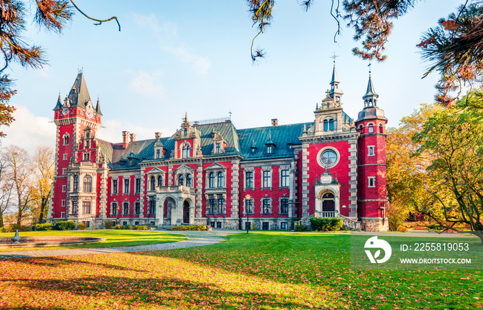 Spectacular autumn scene of Palace in Plawniowice. Colorful morning landscape of Upper Silesia, Poland. Traveling concept background.