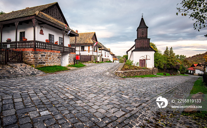 Traditional stone houses in the old town of Hollókő, Hungary