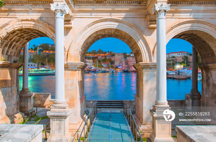 View of Hadrian’s Gate, old town of (kaleiçi) Antalya in the background - Antalya,  Turkey