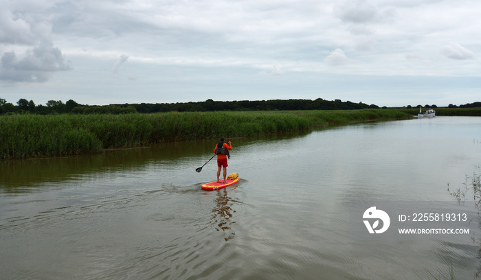 Paddle boarder  on the river Alde  water and reeds on a cloudy day.