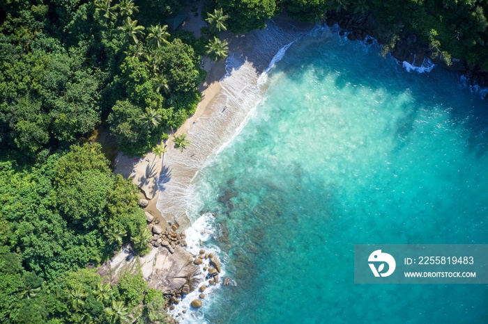 Drone field of view of secret cove with turquoise blue water meeting the forest on secluded island of Mahe, Seychelles.