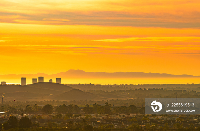 Suburban Orange County landscape at sunset in Southern California