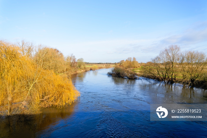 Fast flowing water of the River Trent at Kelham Bridge on a winter morning