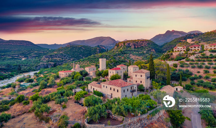 Gorgeous summer view of Mourtzinos Tower. Captivating evening cityscape of Kardamyli town, municipality of Lefktro in region of Messenia on Mani Peninsula. Spectacular sunrise in Peloponnese, Greece.