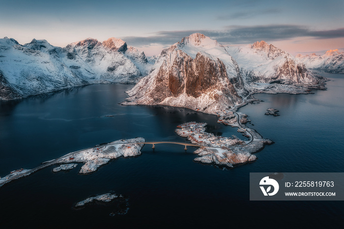 Aerial view of Reine in winter, a famous fishing village on Lofoten Islands in Norway