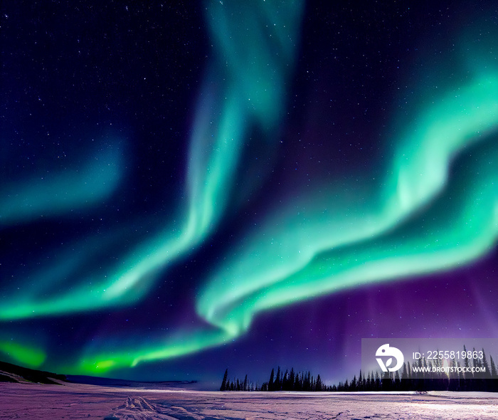 Aurora borealis on the Norway. Green northern lights above mountains. Night sky with polar lights. Night winter landscape with aurora and reflection on the water surface. Natural back