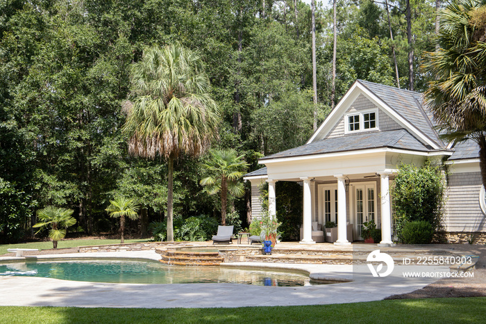 Custom pool House behind an estate with a large swimming pool