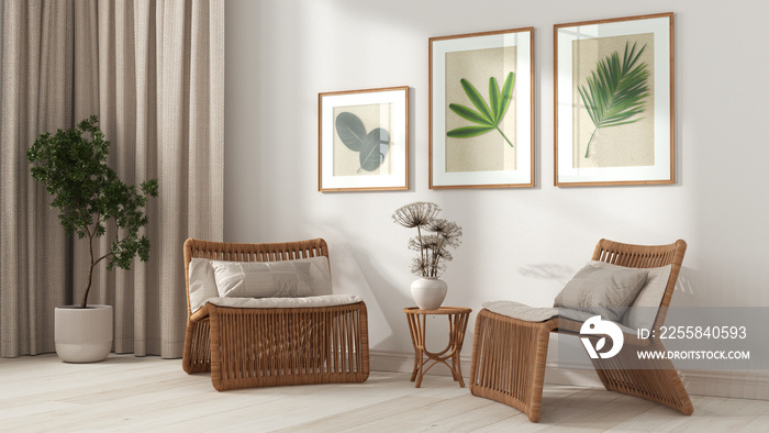 Contemporary living room in white tones. Rattan armchairs with pillows, curtains, wooden ladder and 