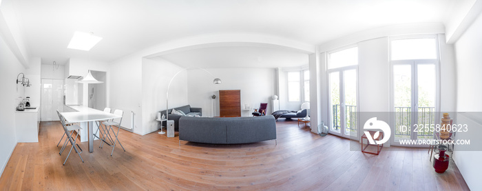 Panorama of a minimal stylish bright house with wooden floor, big sofas, retro lamps, big windows an