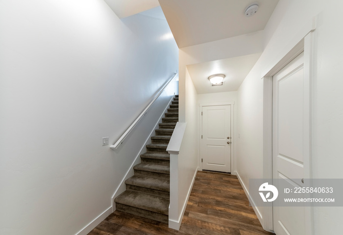 Home entrance interior with staircase and hallway with wooden flooring