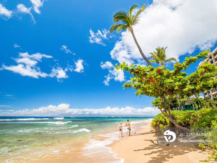 Looking of Kaanapali Beach, Maui, Hawaii. With three miles of white sand and crystal clear water, no