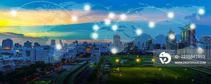 World map connection over cityscape of business centre. Technology and network connection concept. W