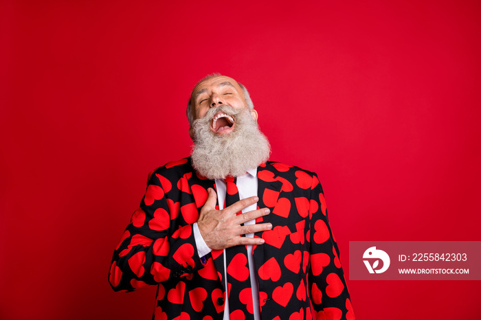 Close-up portrait of his he nice attractive cheerful cheery glad bearded gray-haired man lol laughin