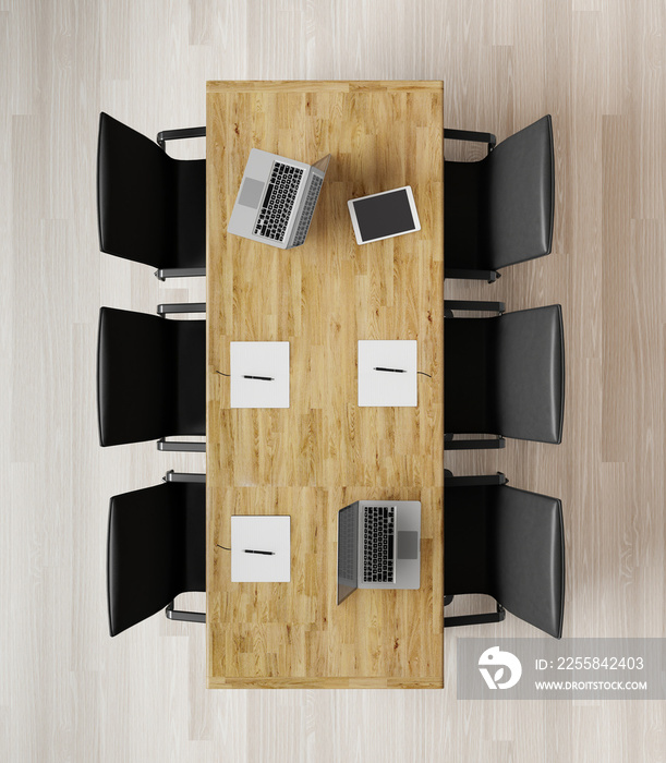 Top view of empty meeting room with chairs, wooden table, notebooks and laptops  3d rendering