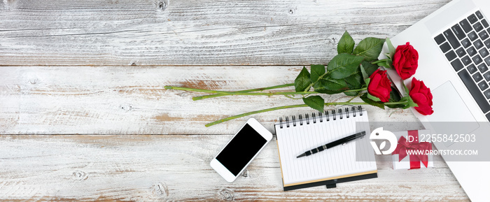 White rustic desktop with Valentines day romance concept